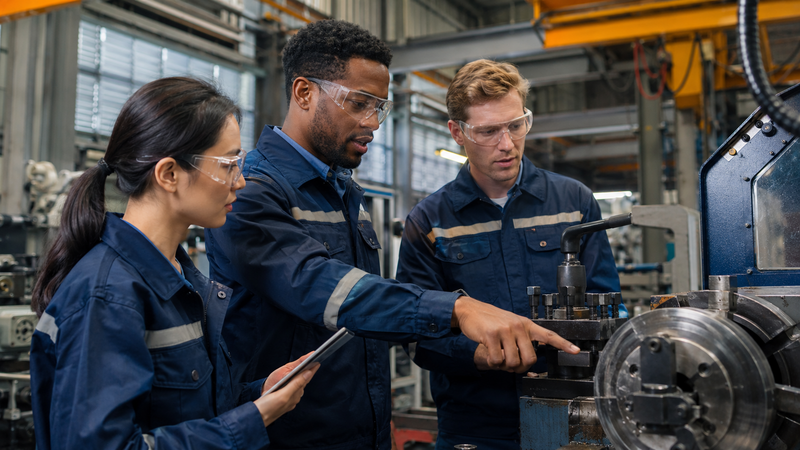 Mitarbeitende in der Fertigung planen Serviceprozesse mit ITSM und ESM Software