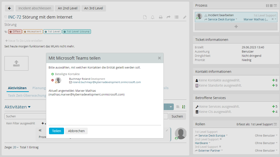 Tickets können einfach und bequem mit beliebigen Kontakten oder auch direkt mit einer Supportgruppe geteilt werden. 