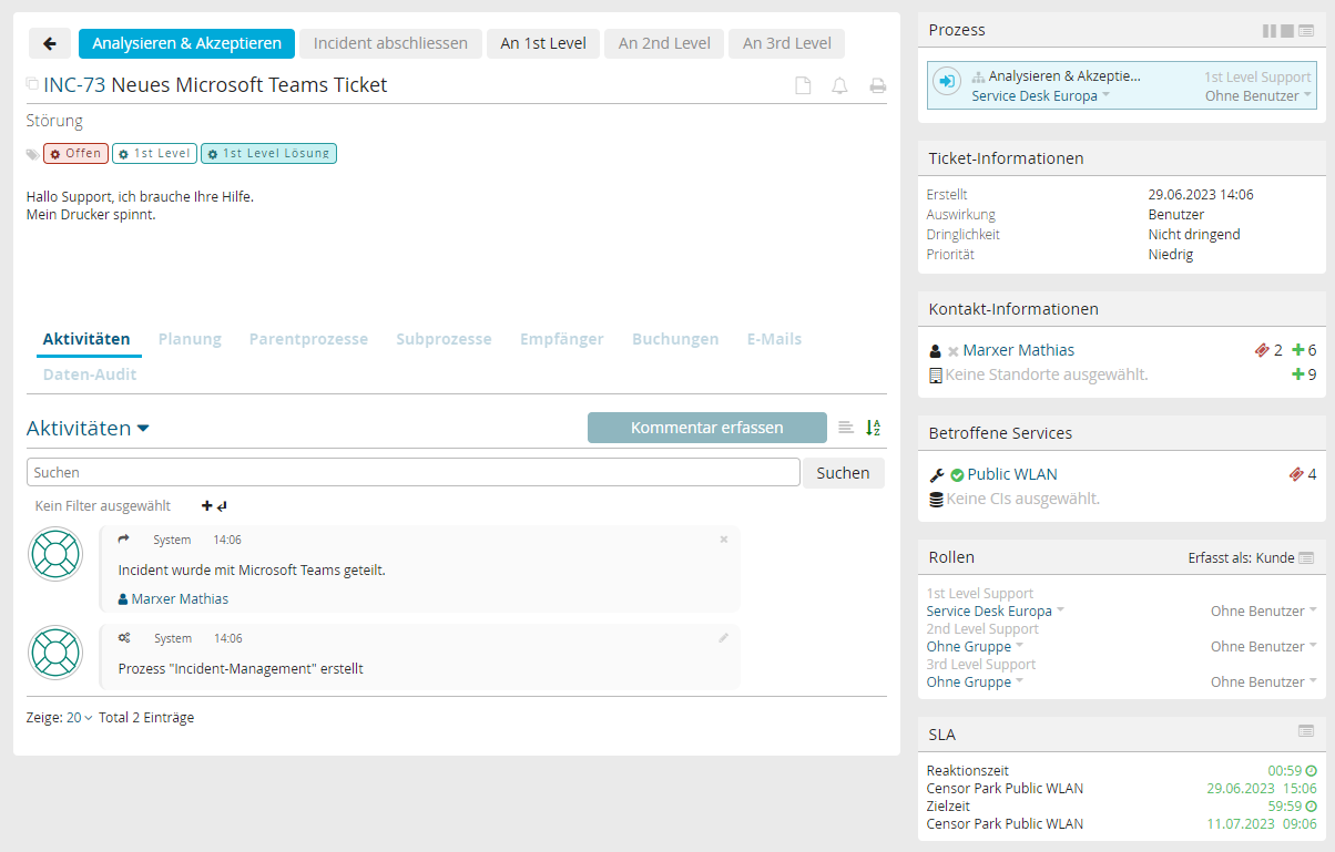 ky2help® Ansicht des über MS Teams erfassten Tickets.