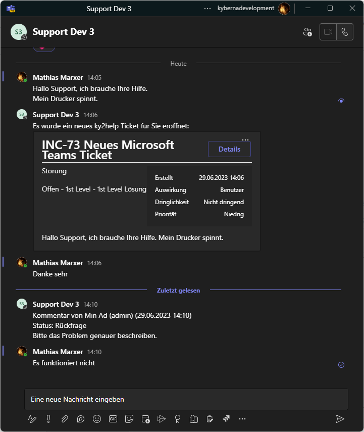 Eine Support-Anfrage über MS Teams Chat erzeugt automatisch ein Ticket in ky2help®.